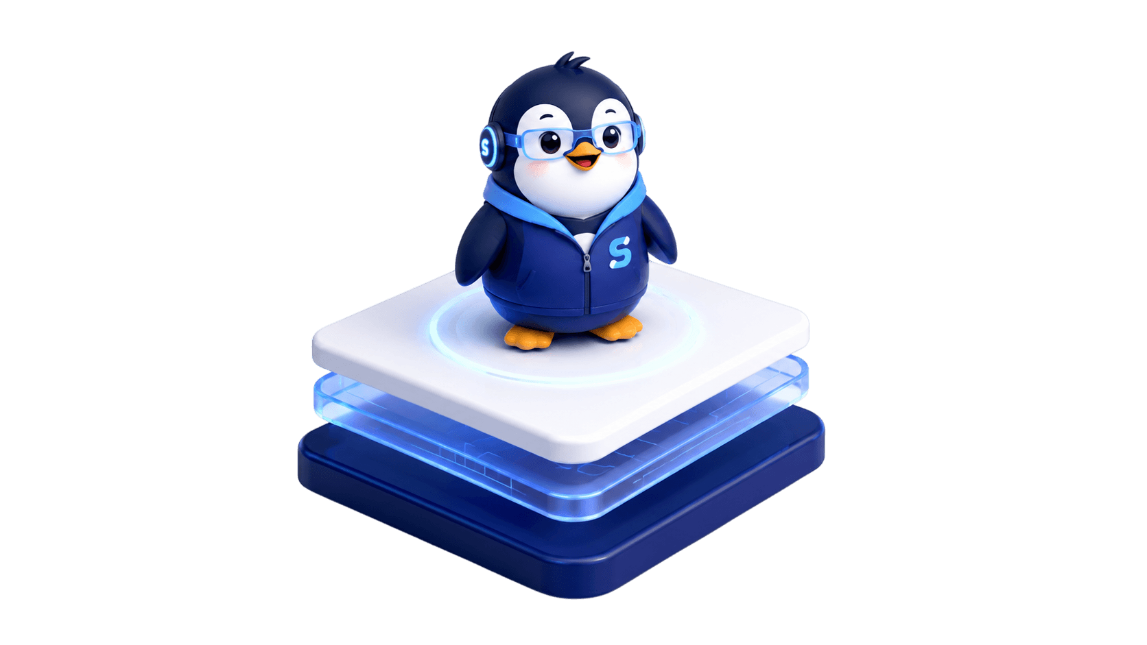 TvaraLearn AI penguin mascot on a glowing AI platform